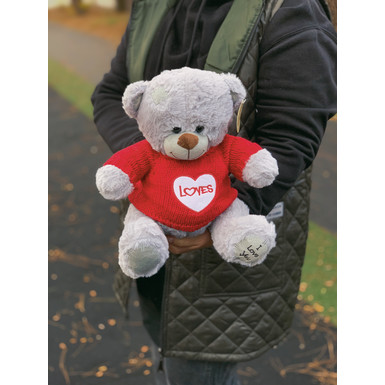 Мишка серый в красном свитере 28см