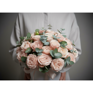 Коробка с Пионовидной розой и эвкалиптом